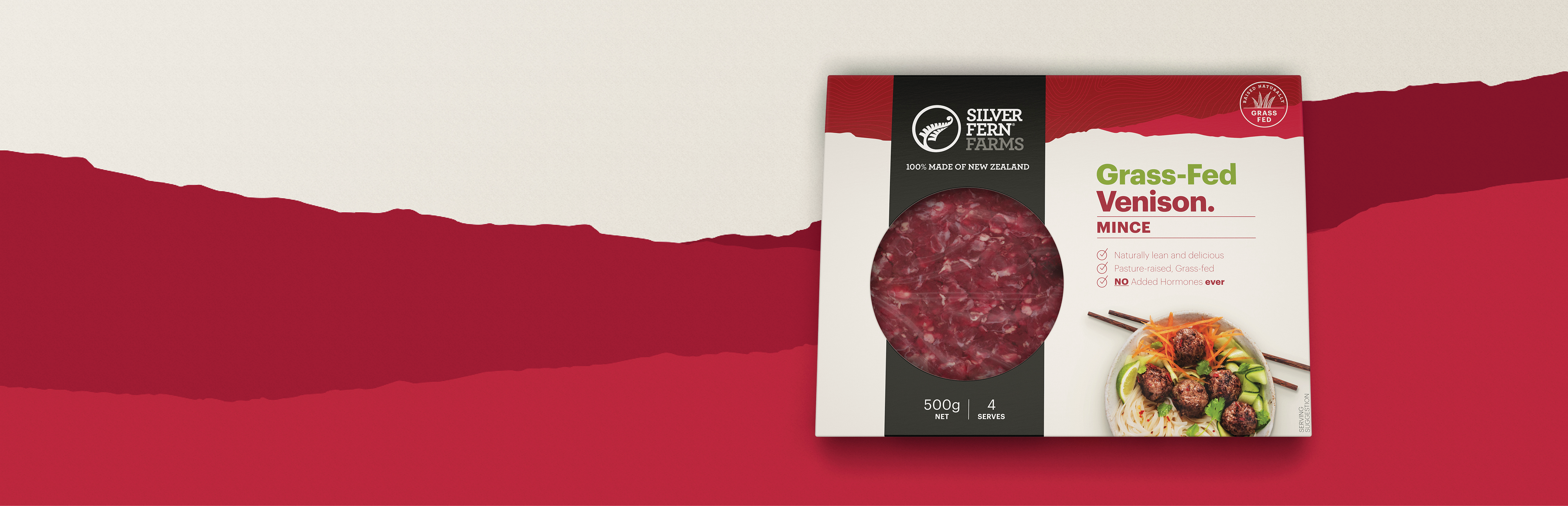grass-fed venison mince packaging on an illustrated background of red hills