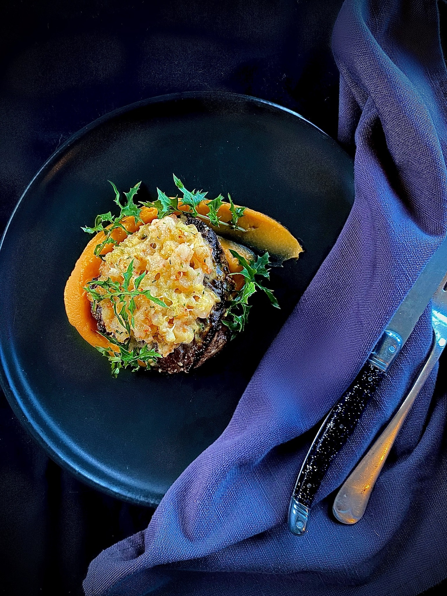 Beef Rib Eye Steaks with Crayfish Gratine, Kūmara and Pūhā