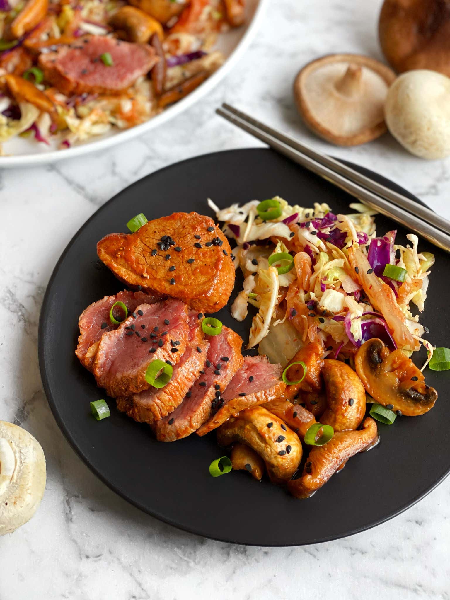 Gochujang Venison with Mushrooms and Kimchi Slaw