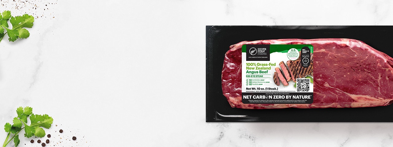 Net Carbon Zero Ribeye Steak on marble board
