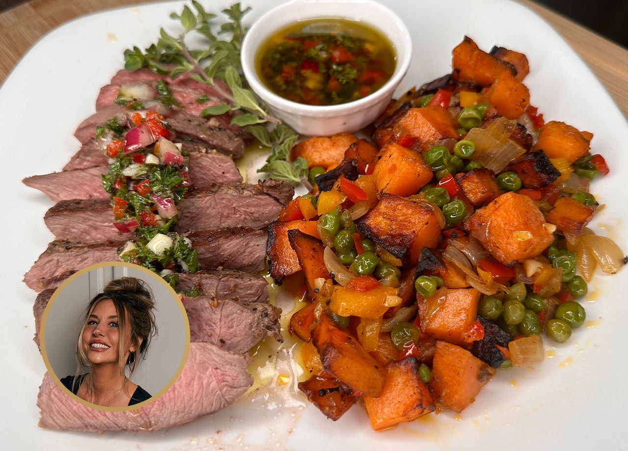 Steak and Eggs Skillet with Chimichurri and Sweet Potatoes