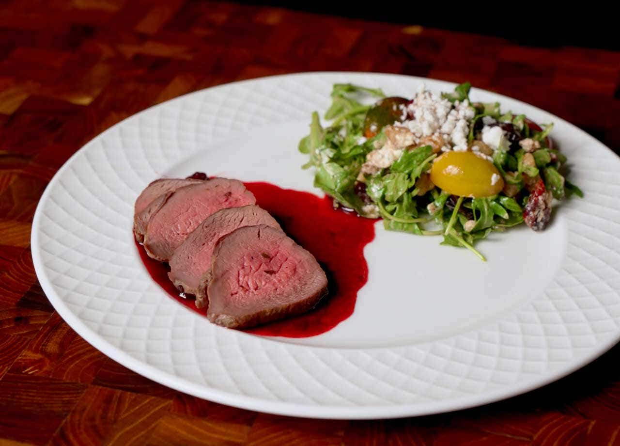 Venison Medallions with Blackberry Balsamic Sauce and Goat Cheese & Arugula Salad