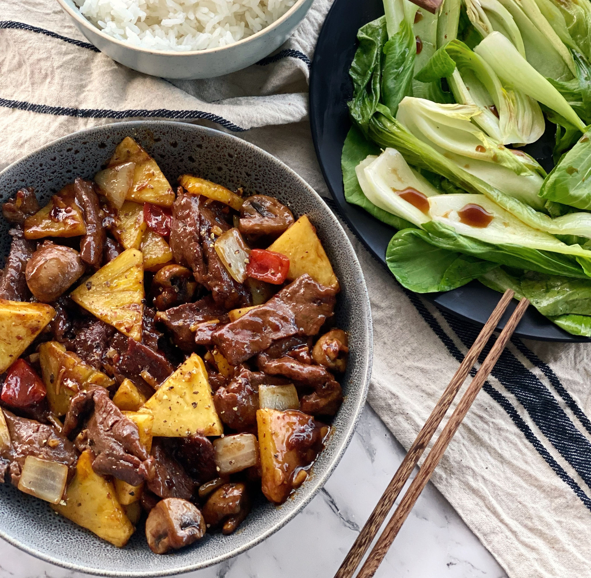 Beef Eye Fillet Stir-Fried with Pineapple, Mushrooms, and Cherry Bell Pepper