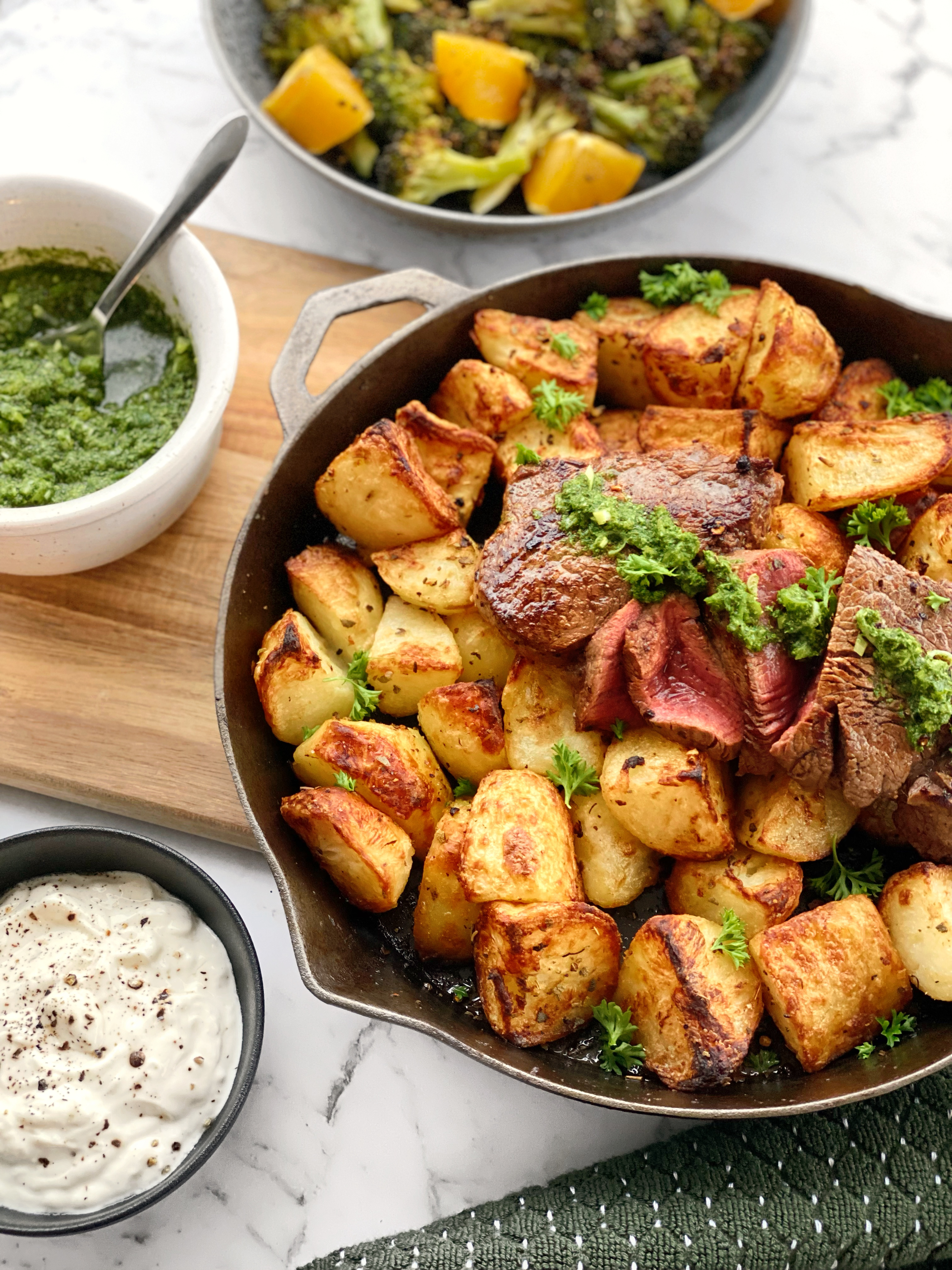 Beef Eye Fillet Steaks with Chimichurri and Duck Fat Potatoes
