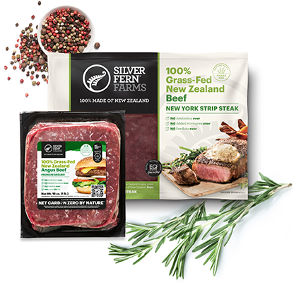 Net Carbon Zero beef pack next to regular beef pack with herbs in background
