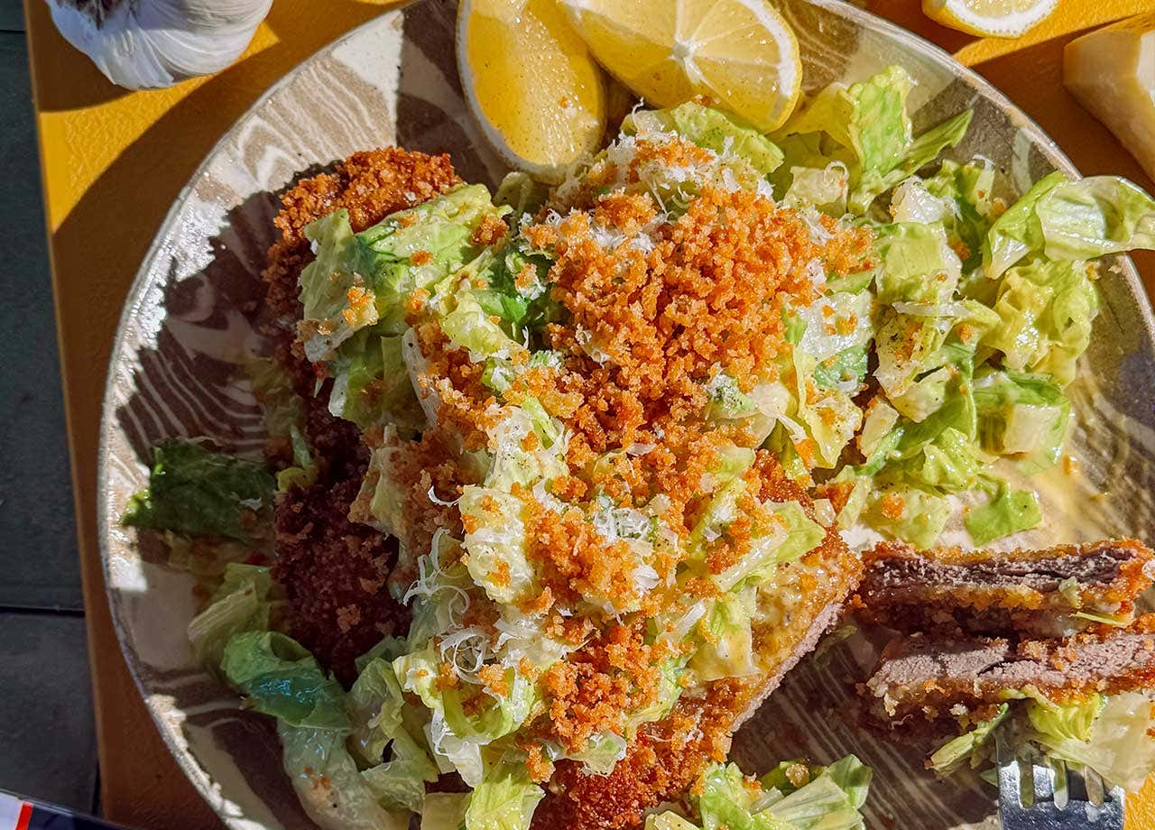 Spicy Caesar Salad over Crispy Venison