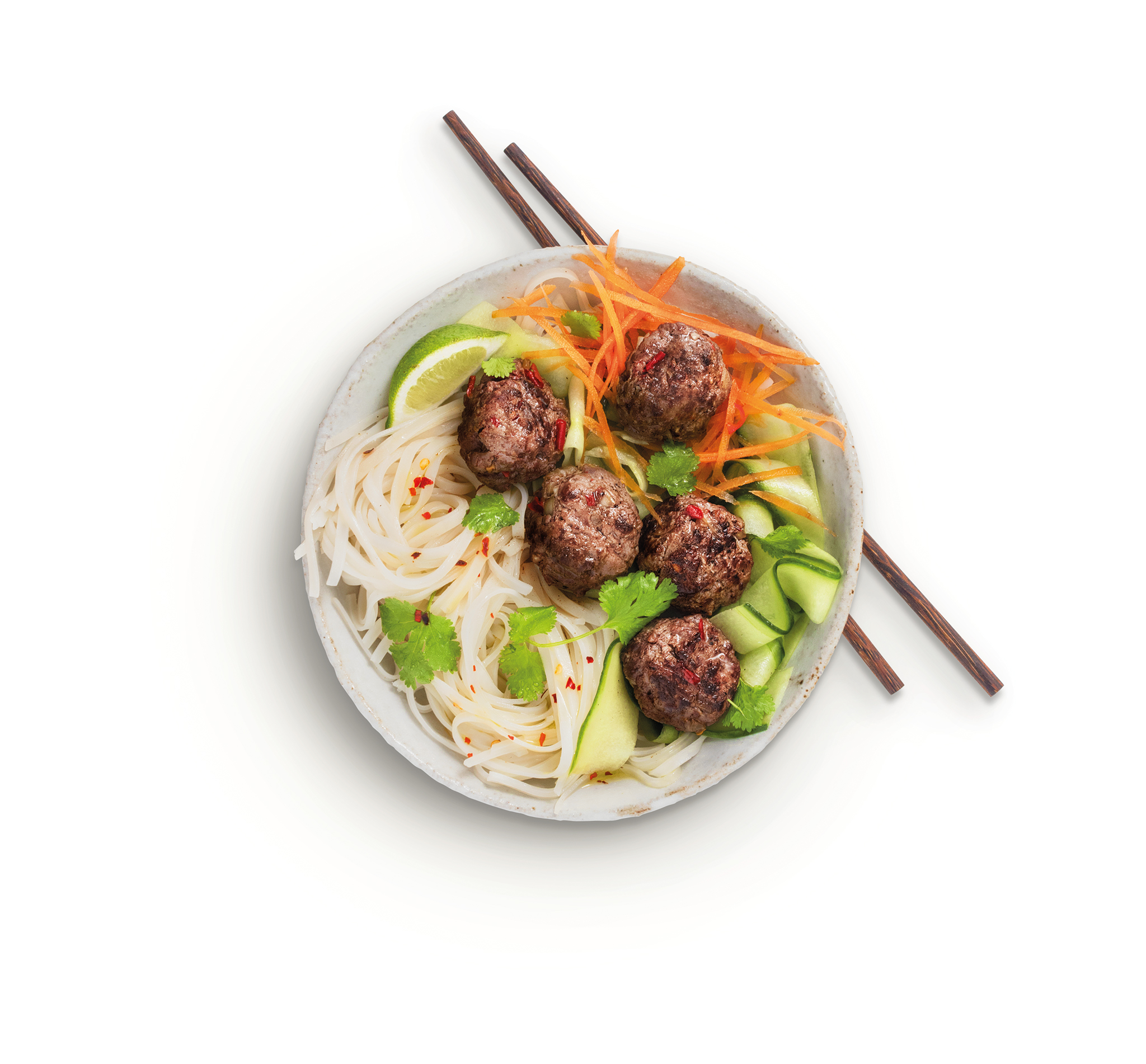 Vietnamese Venison Noodle Salad in a white bowl with wooden chopsticks