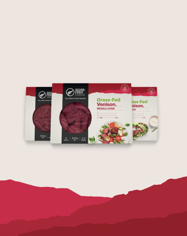 Silver Fern Farms venison packs (three) on an illustrated background of ills
