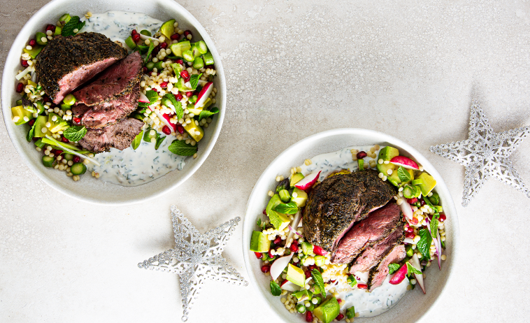 Barbecued Lamb Rump with Israeli Couscous Salad & Mint Dressing
 recipe