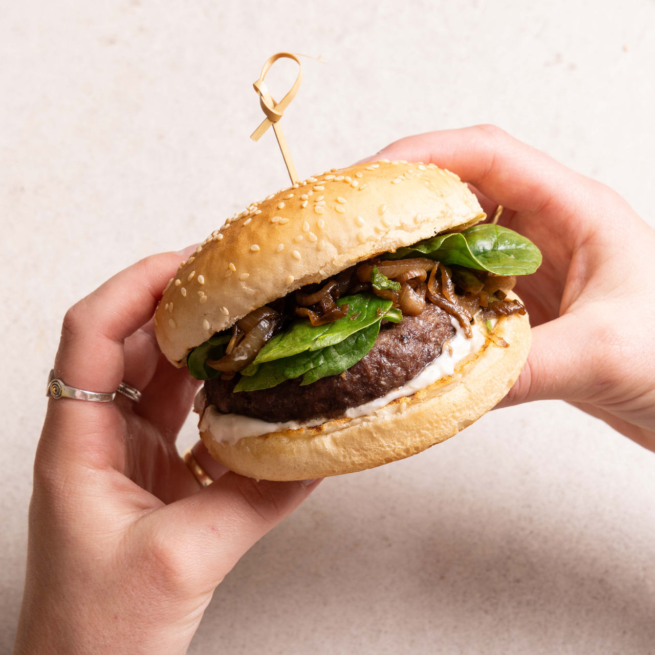 Beef Burgers with Caramelised Onion Aioli and Spinach