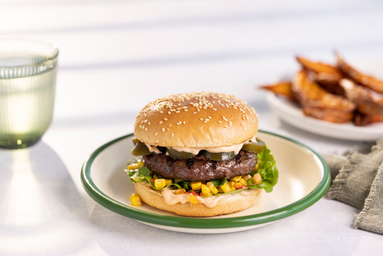 Beef Burgers with Corn Relish and Spicy Mayonnaise