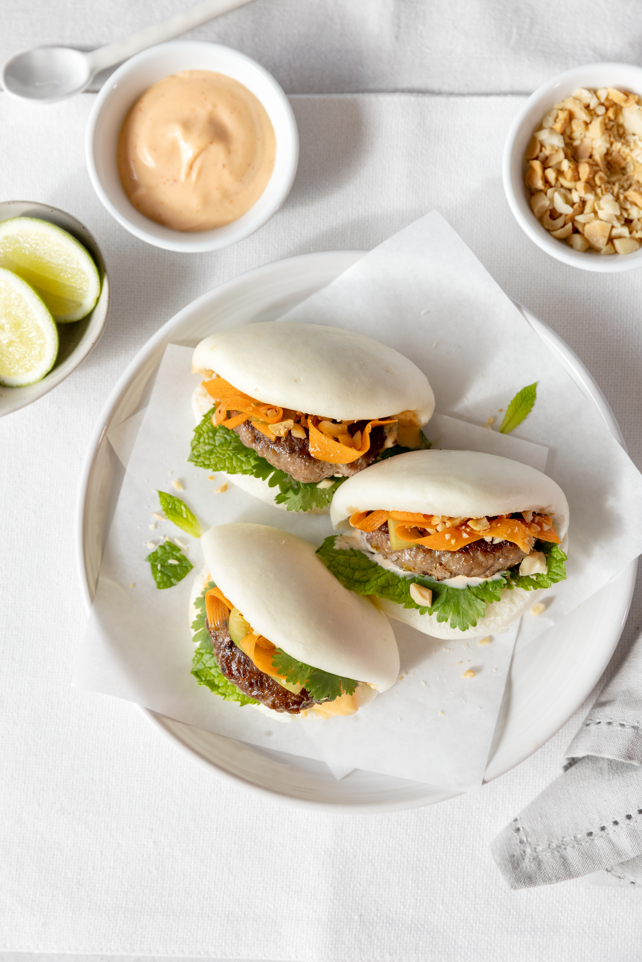 Brisket Bao Bun Sliders on a white plate