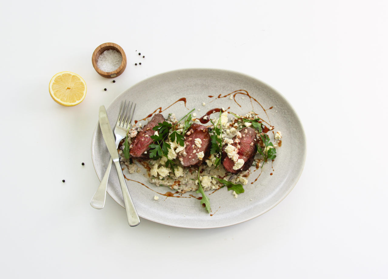 Flamed Lamb Rumps with Blackened Eggplant, Pomegranate Molasses and Feta