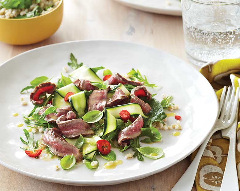 Flat-Iron Steak, Zucchini & Pearl Barley Salad on a white plate