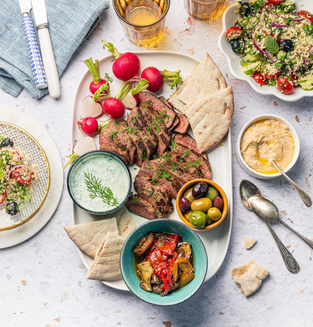 Lamb Loin Fillet Mezze Platter with Couscous Salad & Grilled Vegetables