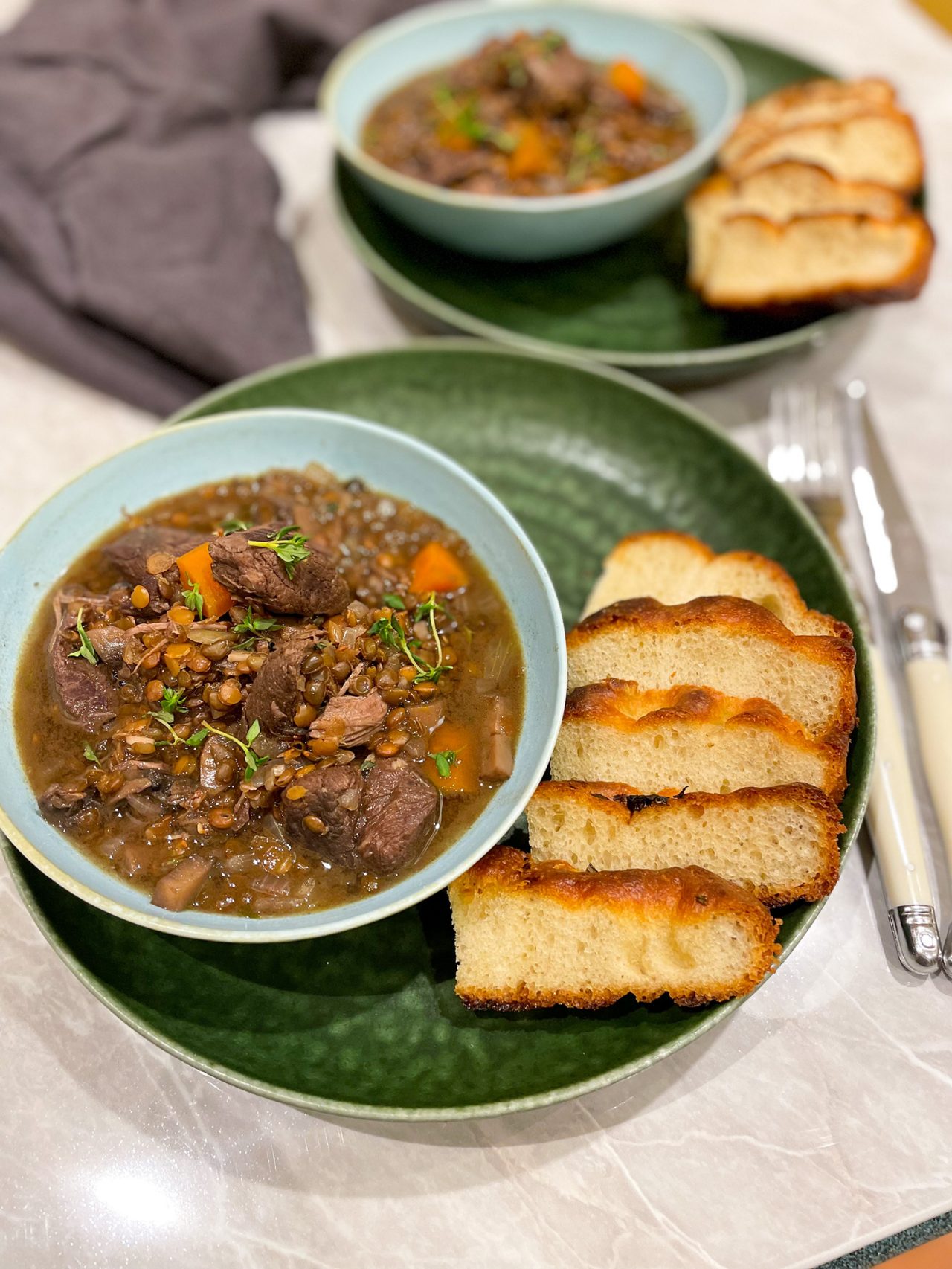 Venison and Lentil Ragout on a green plate