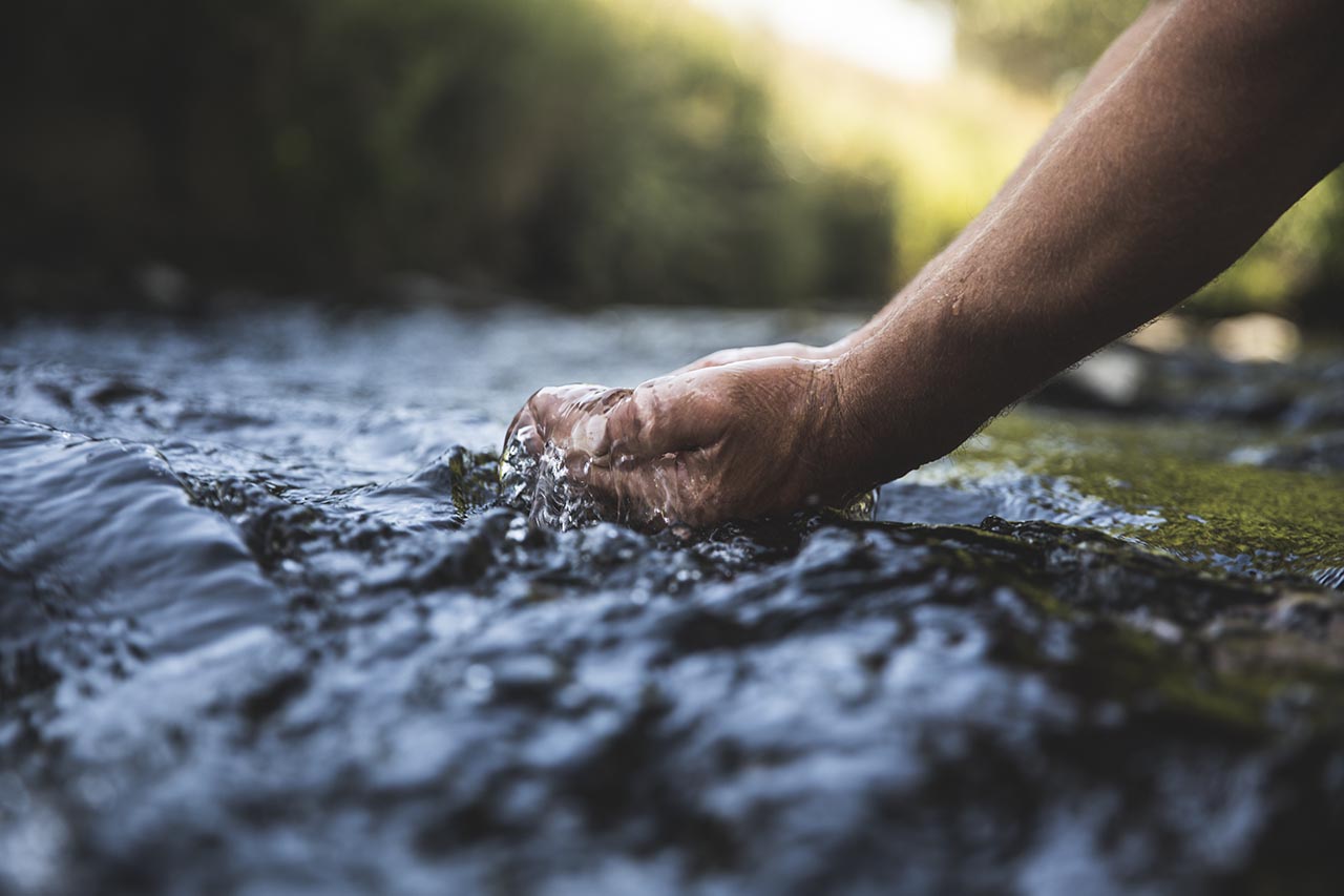 Person scooping a handful of water from a rive