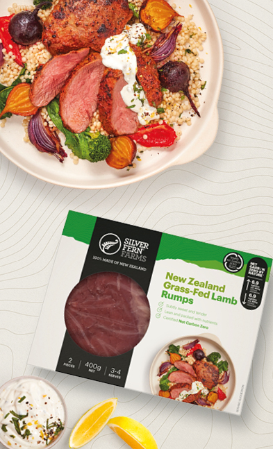A Lamb and couscous dish on a table next to Silver Fern Farms Lamb Rump pack