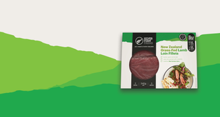 grass-fed Lamb Loin fillets Product Packaging on an illustrated background of green hills