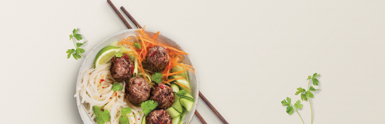 a venison meatball and noodles dish in a white bowl