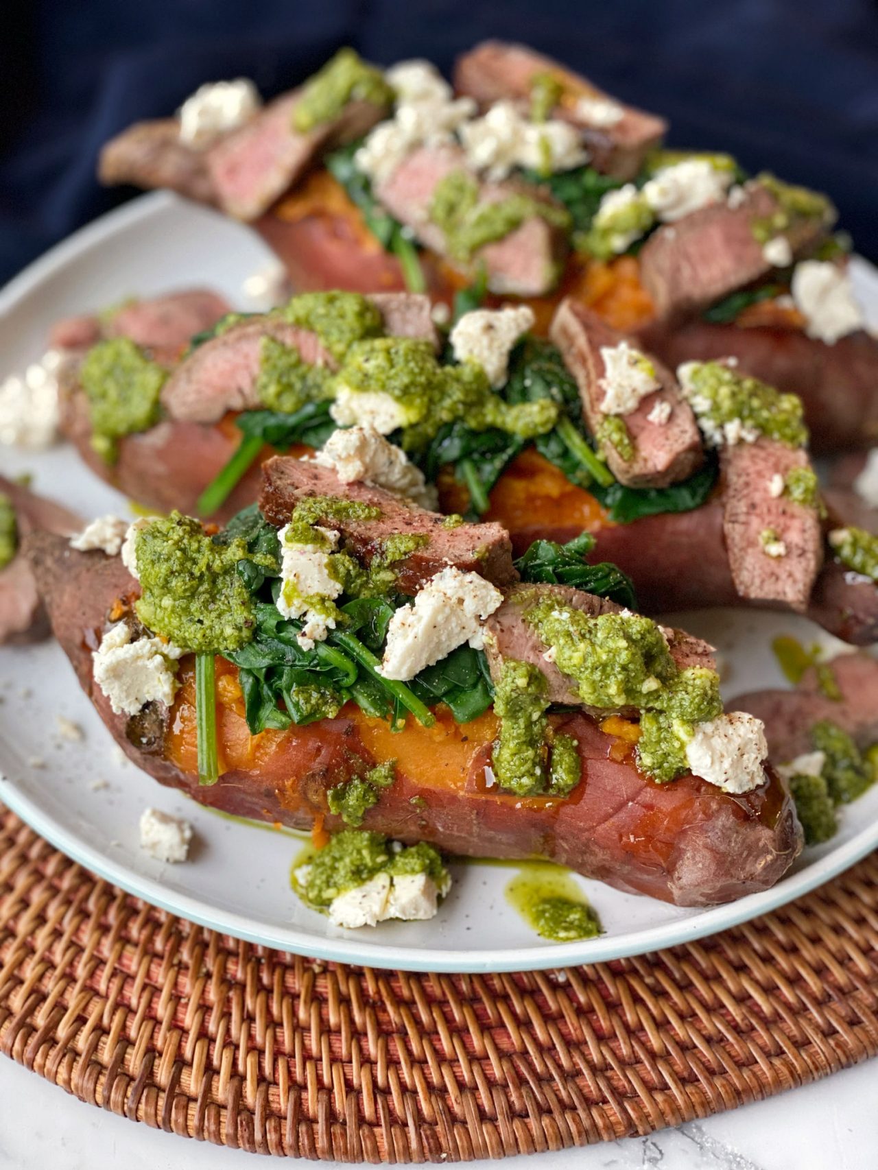 Baked Kumara with Lamb, Spinach, Feta, & Pesto