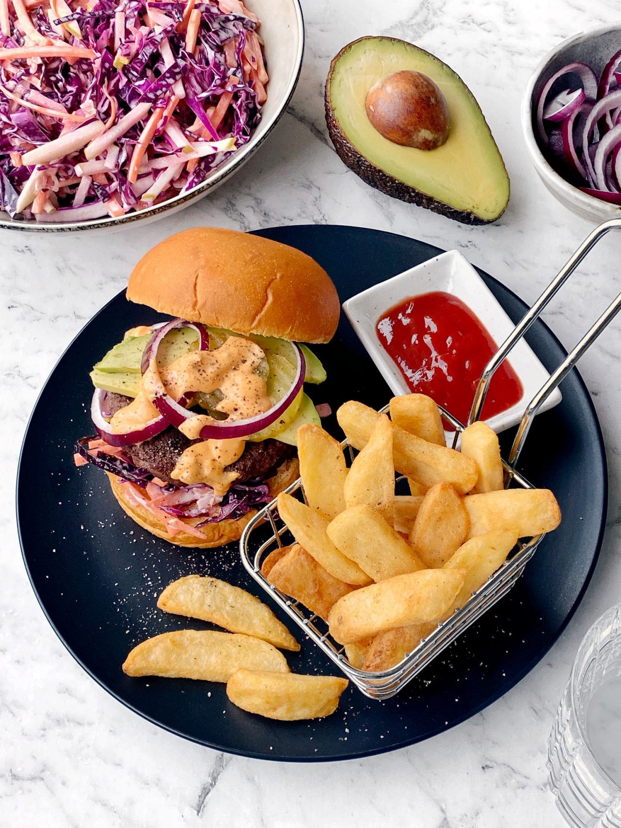 Beef and Smoky Caramelised Onion Burgers with Sauerkraut Red Cabbage and Pear Slaw