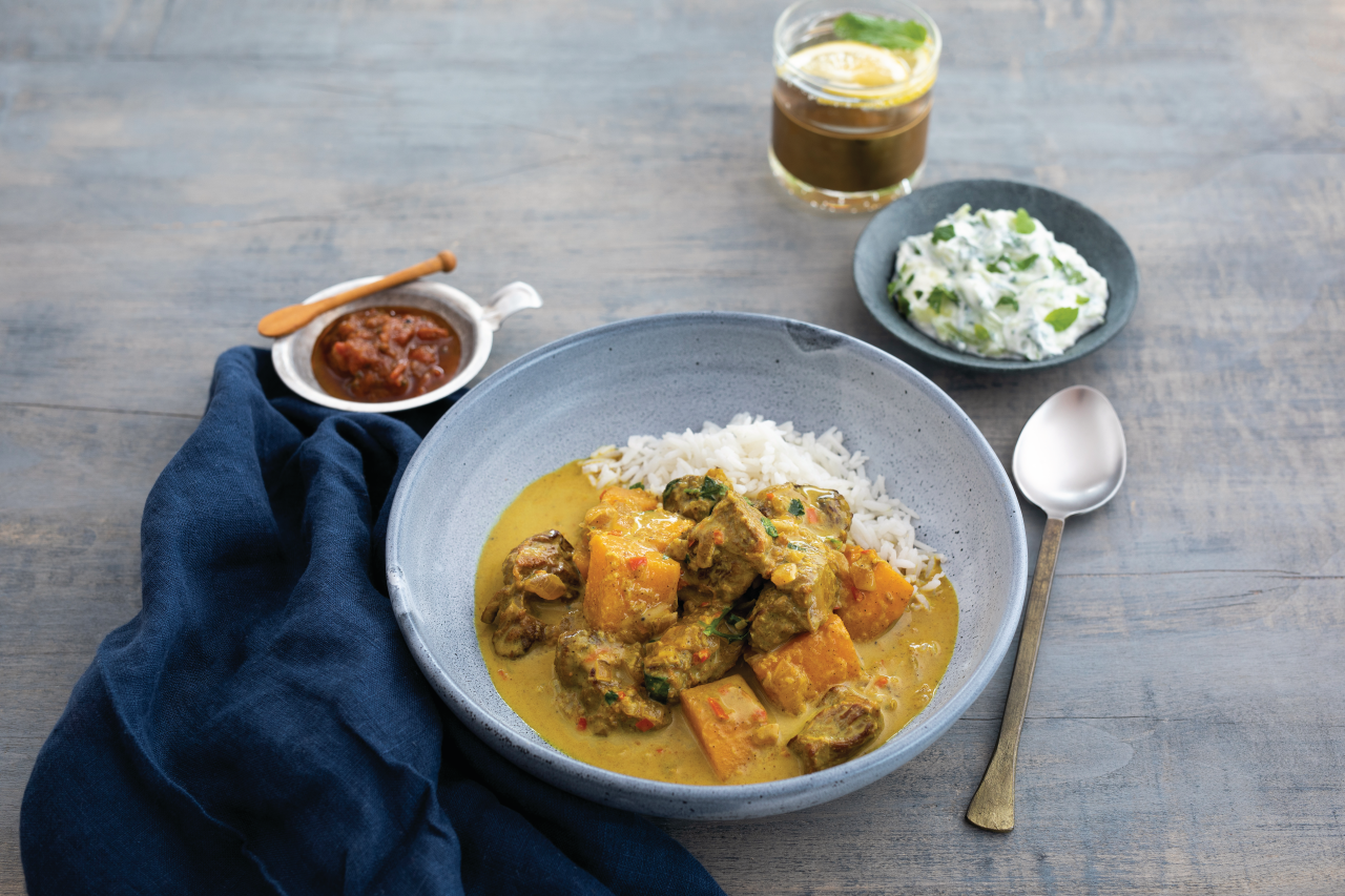 Coconut Lamb Rump Curry with Turmeric and Pumpkin in a bowl