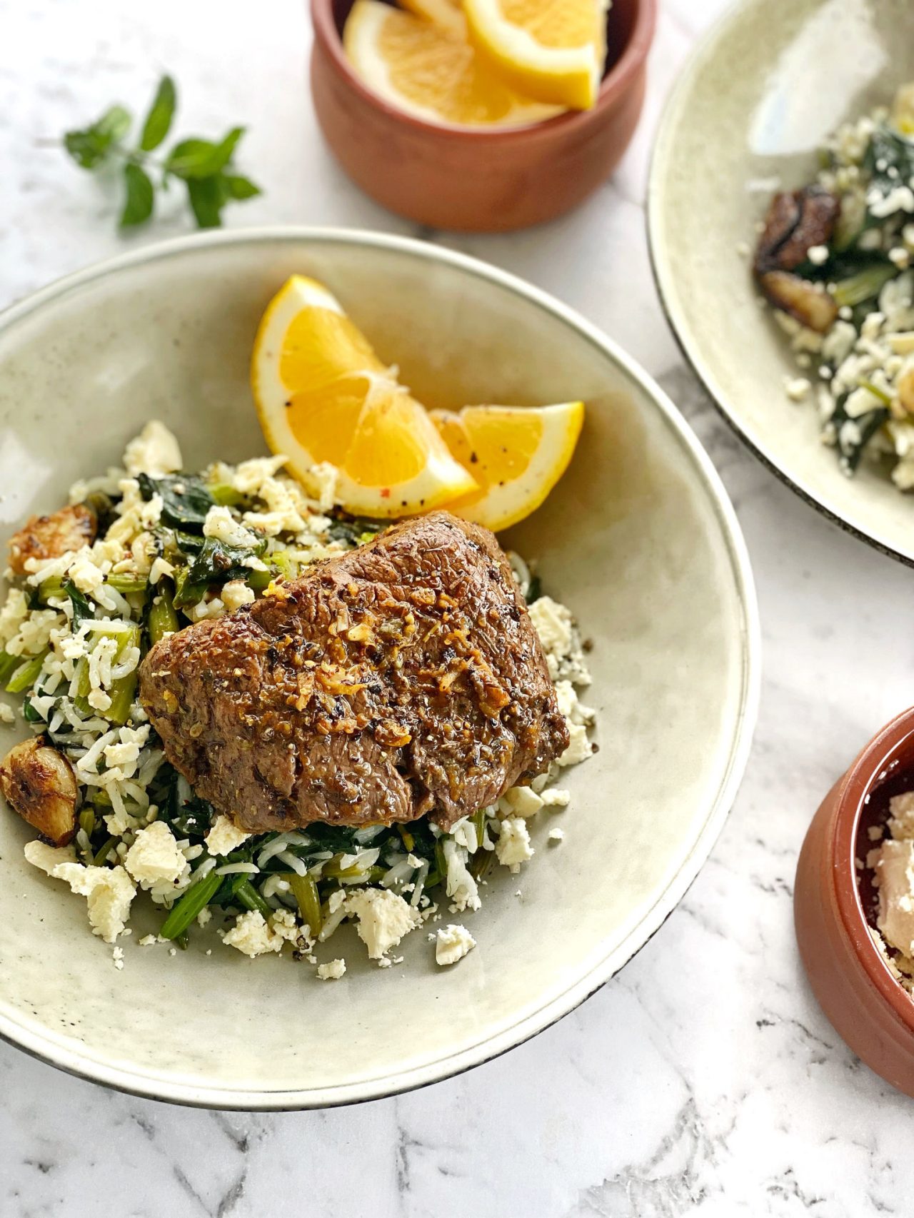 Greek-Inspired Beef Eye Fillet Steaks with Spanakorizo