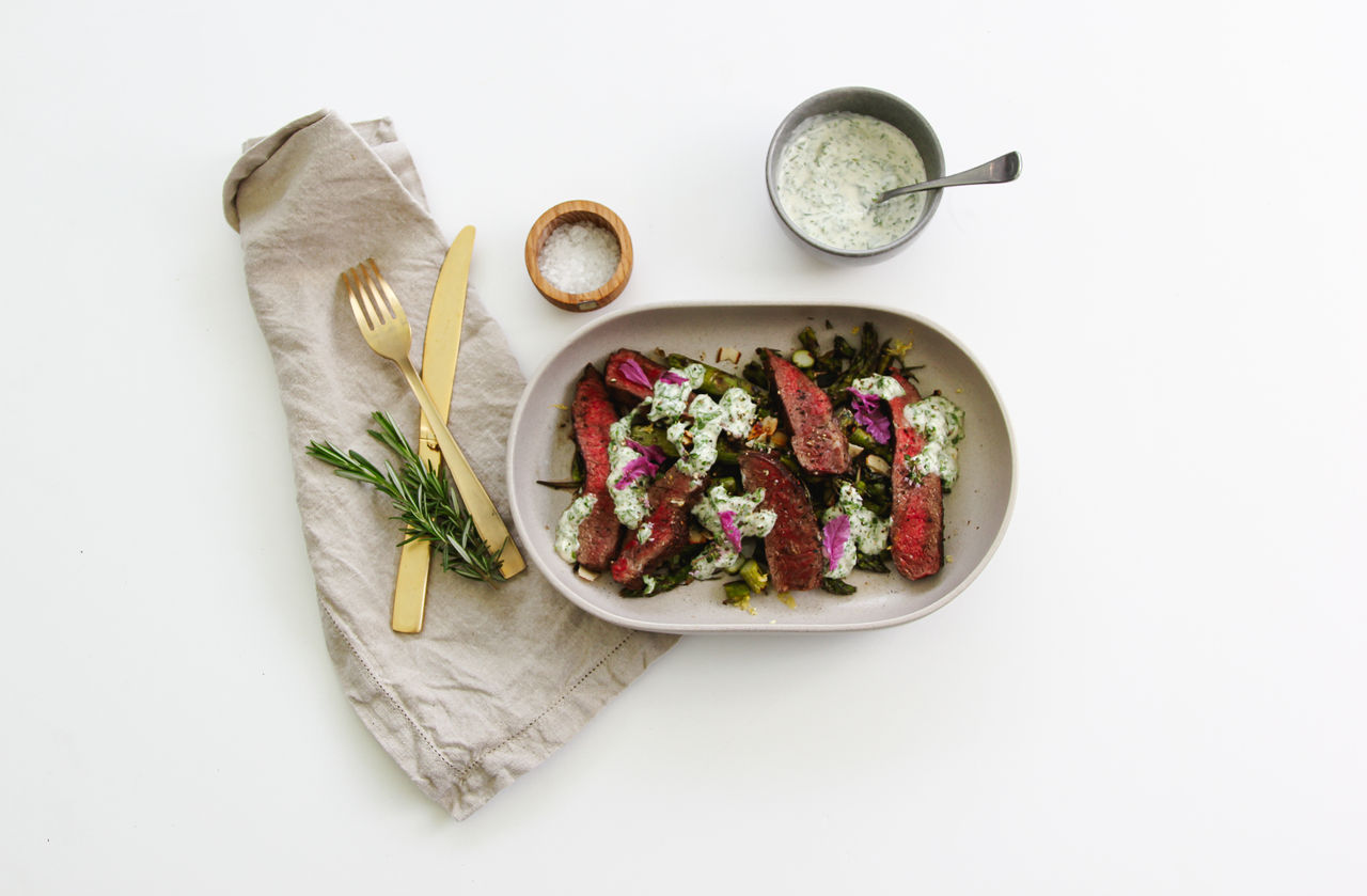 Grilled Flat-Iron Steaks with BBQ Asparagus Salad, Rocket Mayonnaise and Toasted Almonds