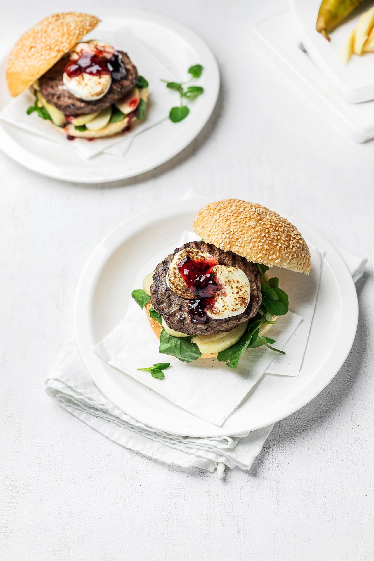 Honest Beef and Venison Burgers with brûlée goat’s cheese, blackberry and pear