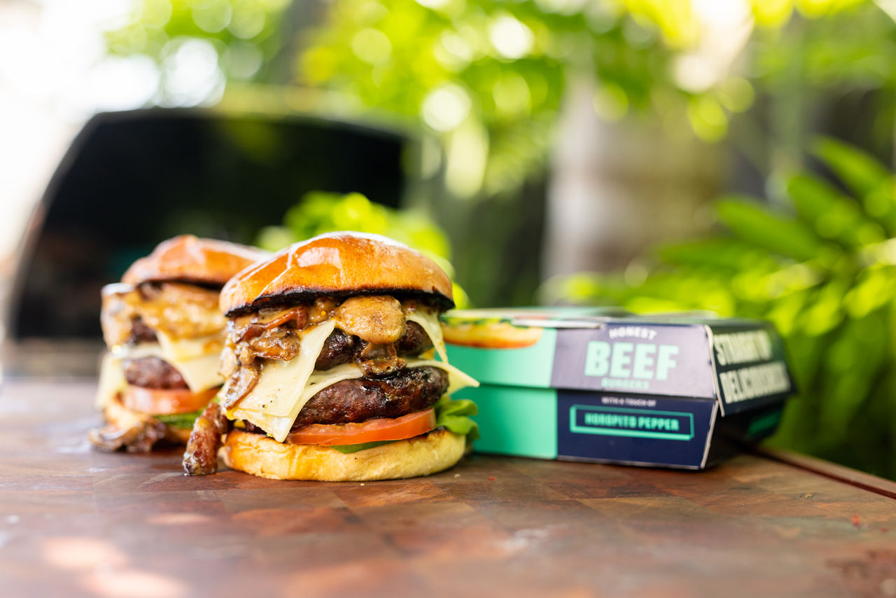Honest Beef Burgers with Horopito Peppers with BBQ Mushroom, Bacon & Whisky Sauce