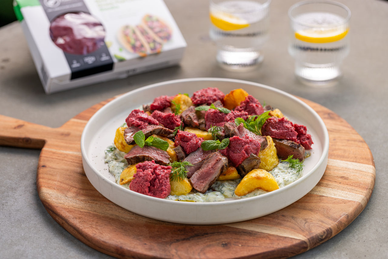 Lamb Steaks with Duck Fat Potatoes, Beetroot Hummus and Tzatziki