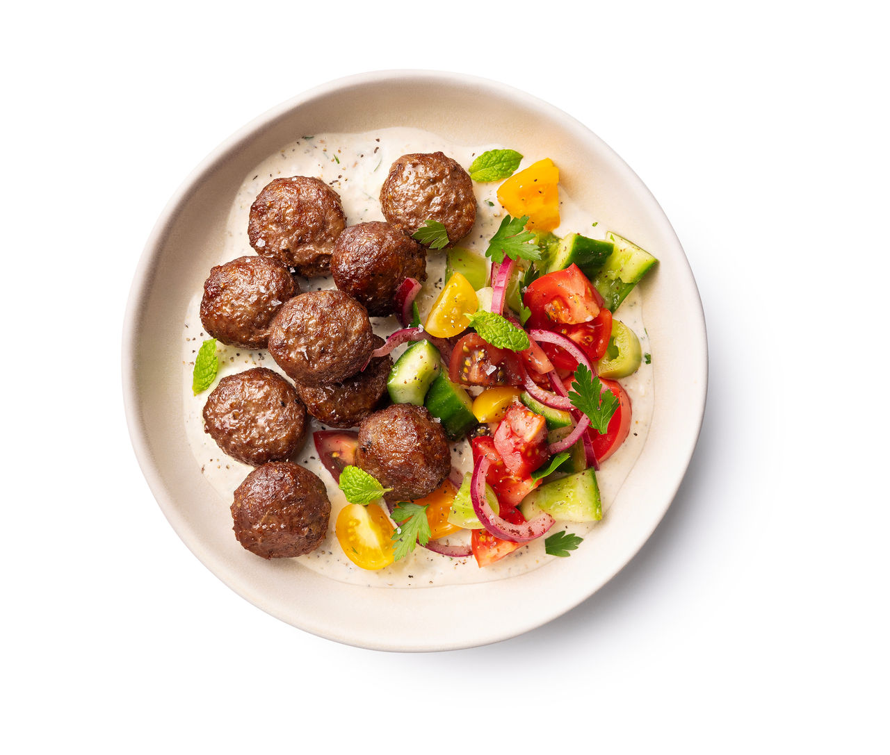 Meatballs with Lemony Yoghurt Dressing and Cucumber Tomato Salad