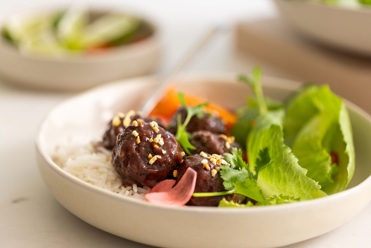 Plum and Ginger Glazed Meatballs with Pickled Carrot and Radish