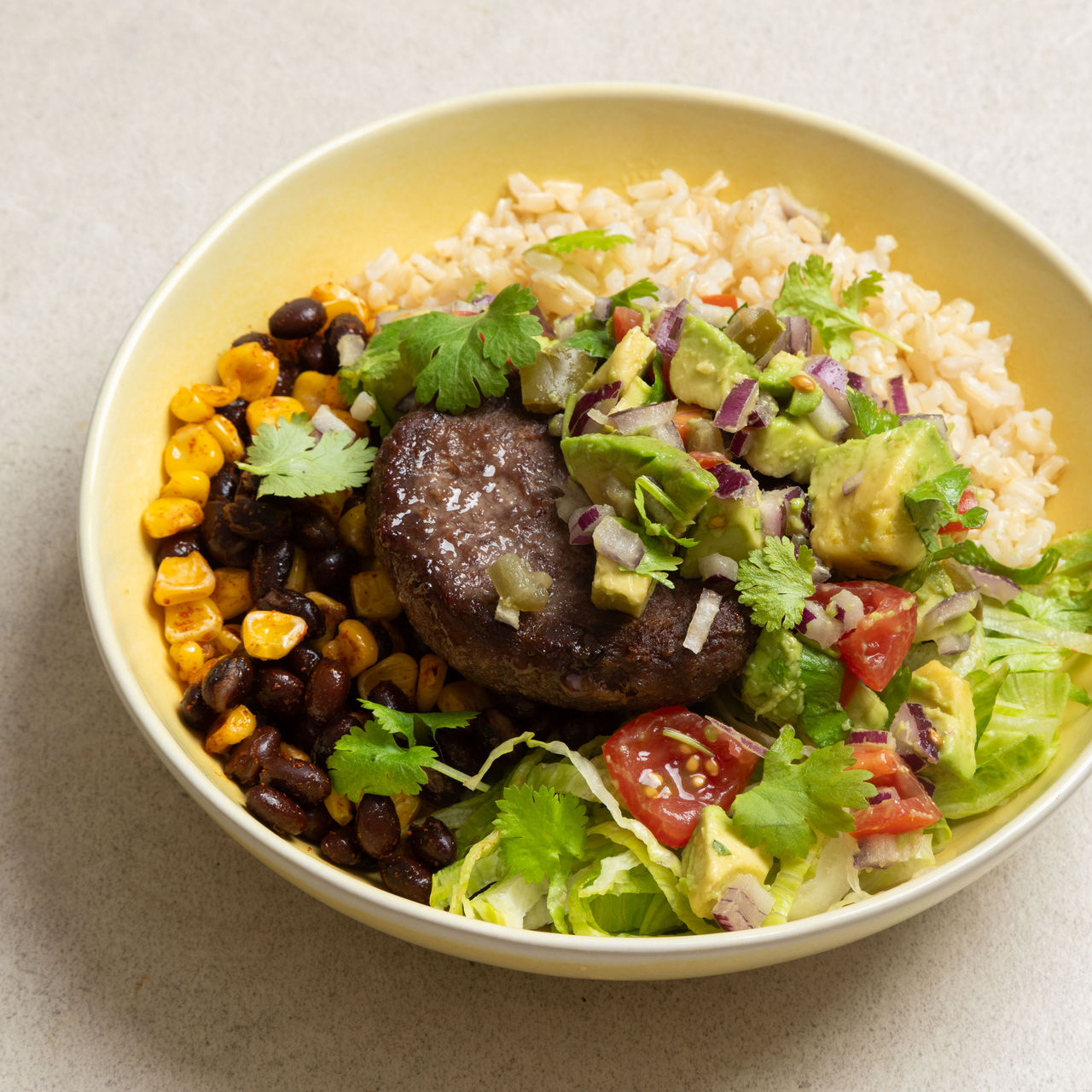 Southwest Beef Burger Bowl with Avocado Salsa