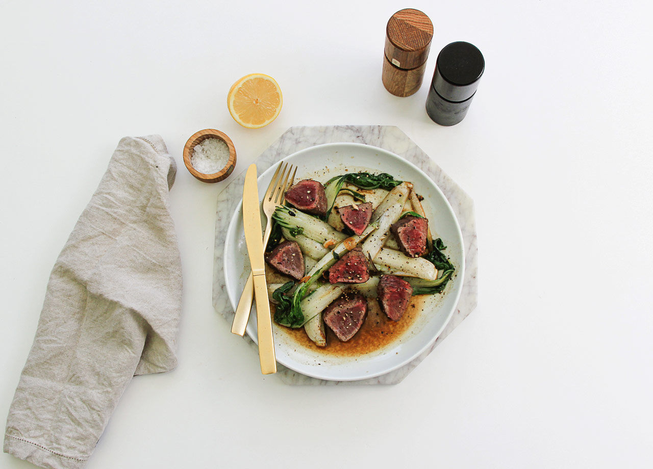 Venison Medallions with Grilled Bok Choy, Black Bean and Sesame