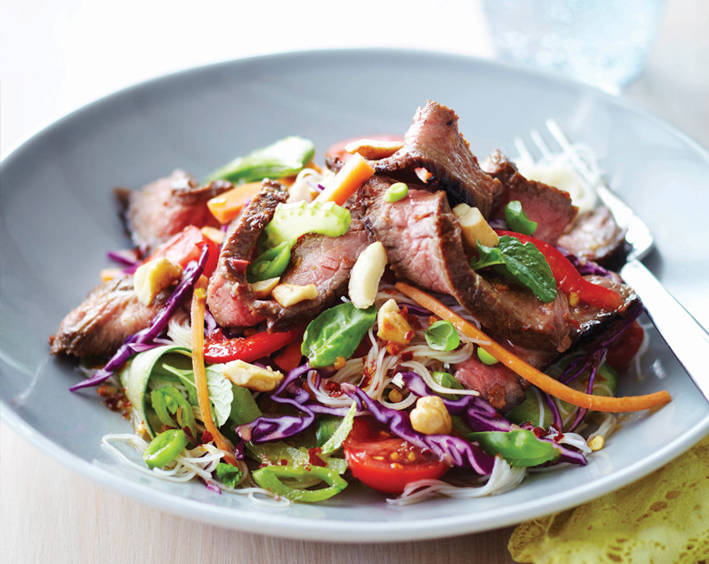Vietnamese Beef and Noodle Salad in a blue bowl