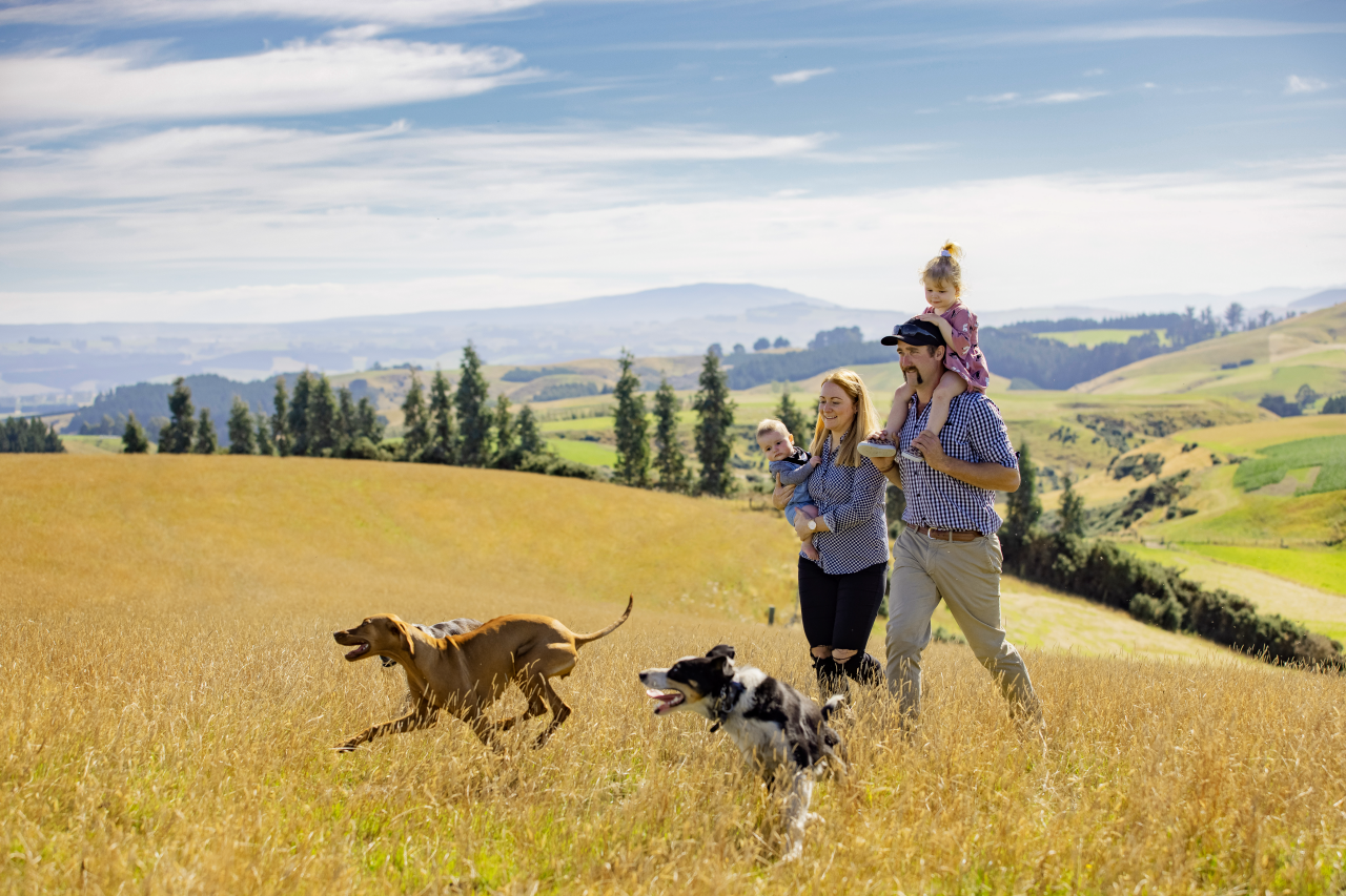 Farmer Story: Farmer Nigel and Leanne Woodhead walking through a paddock with their dogs and kids