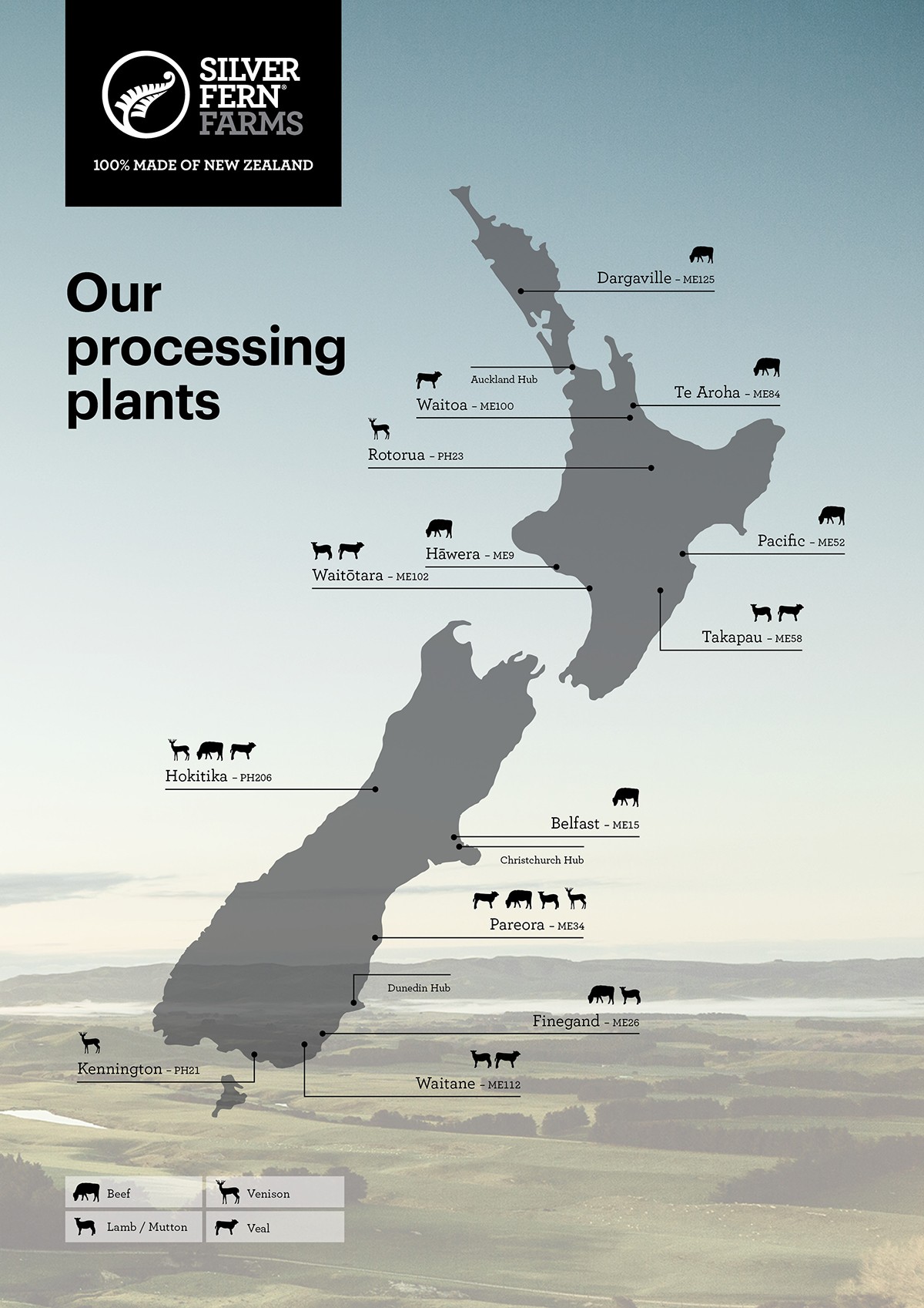 A map of our processing plant network across New Zealand