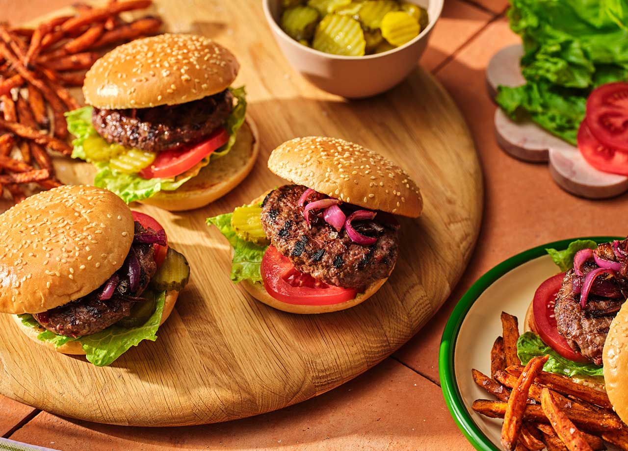 Beef Burgers with Caramelized Onion and Sweet Potato Fries