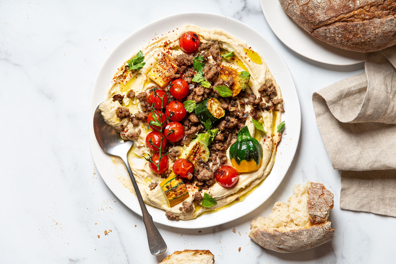US retail ground lamb recipe shoot July 2020
Hummus Bowl with zucchini and spiced lamb
Emily Hlavac Green