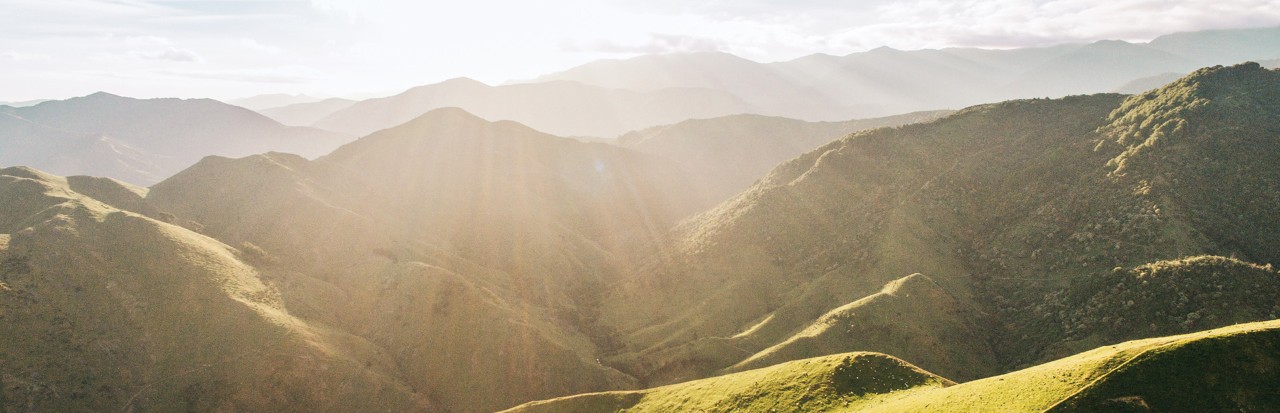 Sunshine and rolling hills in background and foreground.